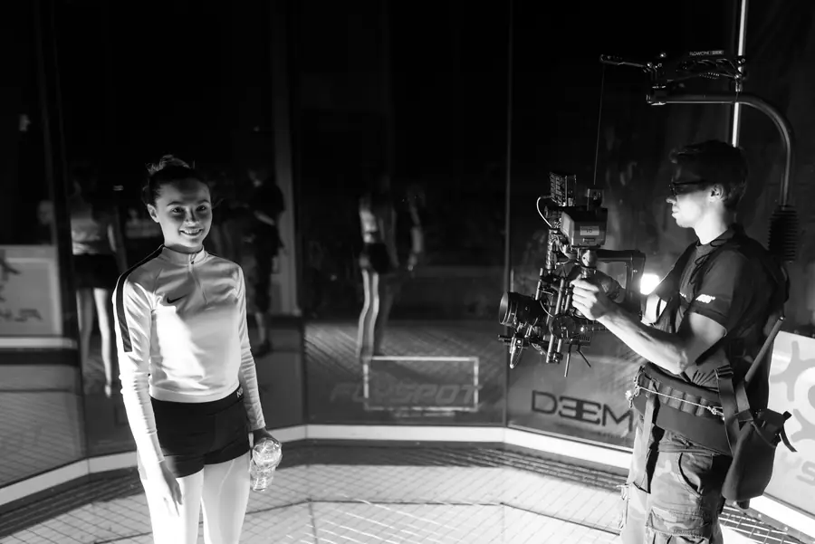Steadicam and an athlete by the FlySpot wind tunnel